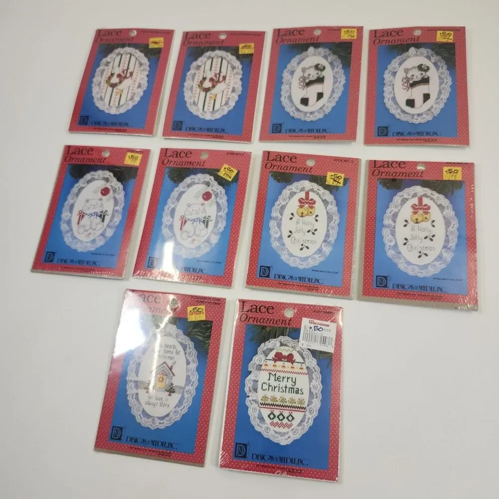 10 Designs for the Needle Counted Cross Stitch Lace Christmas Ornament Kits VTG